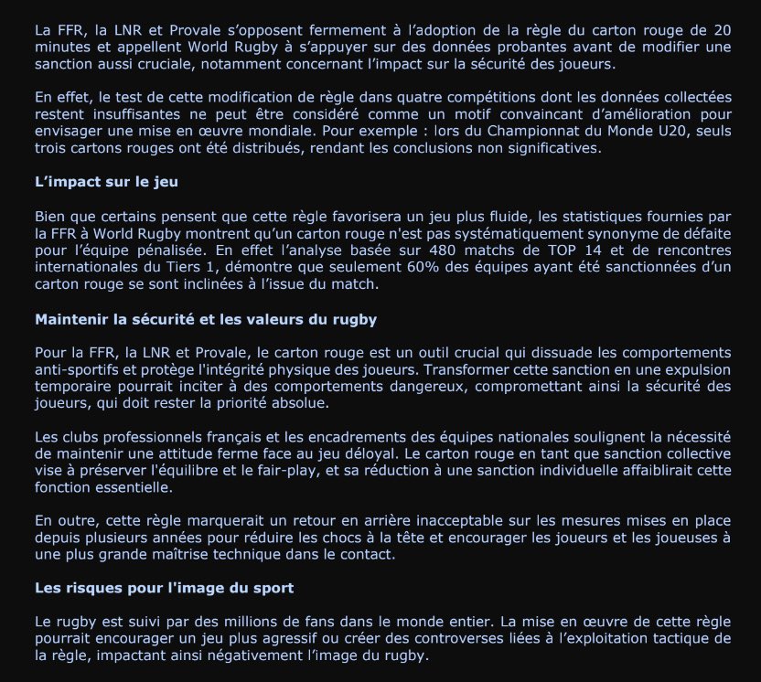 GauthierBaudin's tweet photo. 🚨 La Fédération Française de Rugby (FFR), la Ligue Nationale de Rugby (LNR) et Provale s’opposent fermement et conjointement au carton rouge de 20 minutes, font-ils savoir dans un communiqué publié ce matin ! https://t.co/pwjsGlNk6j
