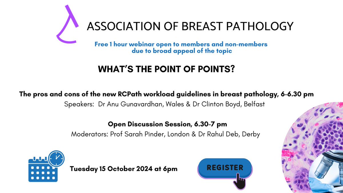 Join us for our next virtual webinar on "What's the point of points?  The pros and cons of the new RCPath workload guidelines in breast pathology" on 15/10 at 6pm. Free for members and non-members due to broad appeal of the topic.  Register now @ us06web.zoom.us/meeting/regist…