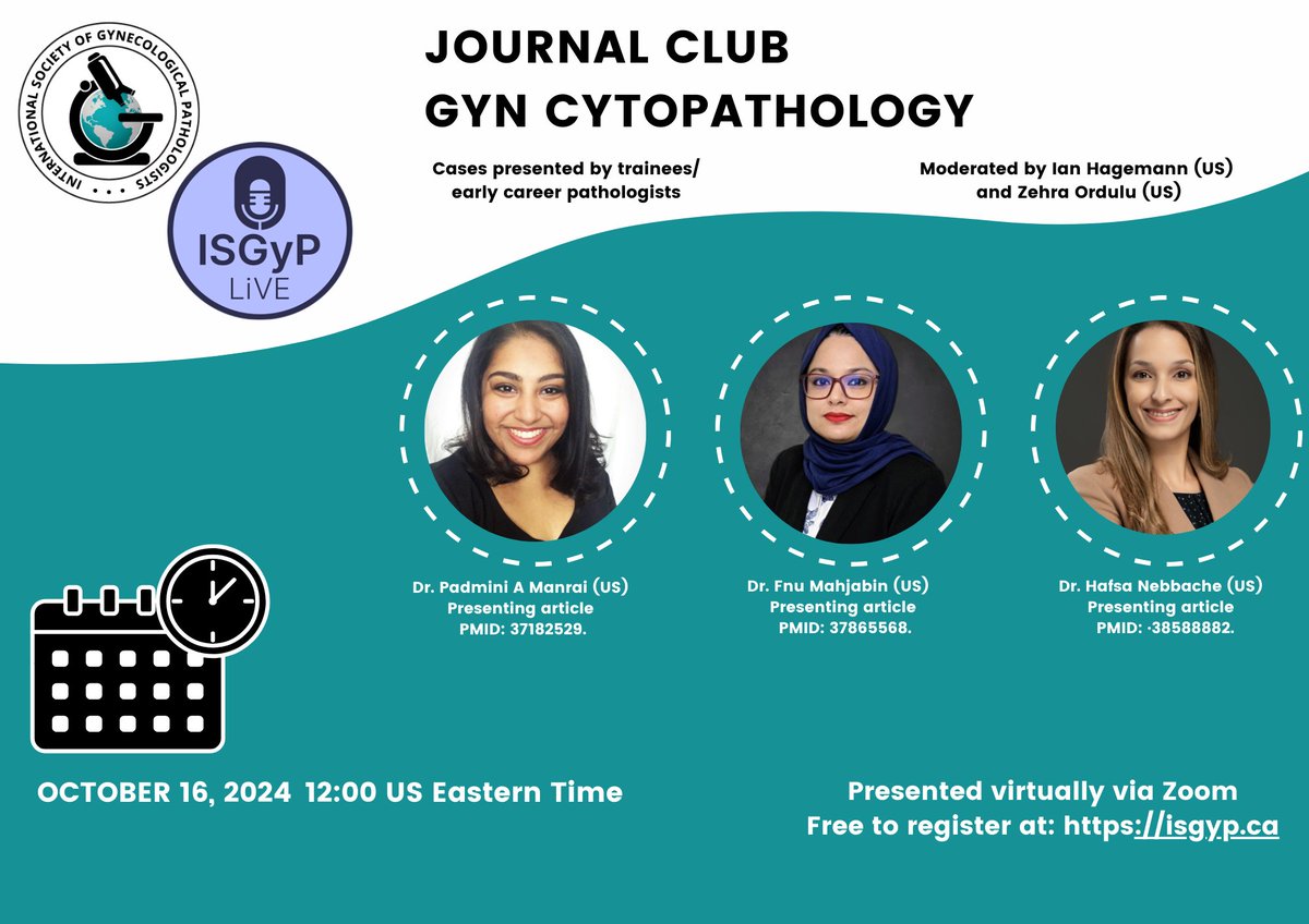 Please join <a href="/ISGynP/">International Society of Gynecologic Pathologists</a> for our monthly gynecologic pathology journal club!  October 16 at 12 noon US Eastern Time.  This month's topic is Gyn Cytopathology. Register @ ISGyP.ca #PathTwitter #GynPath #GynaePath