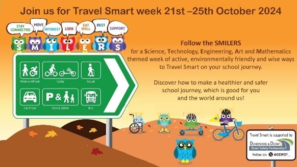 DDRSP_'s tweet image. Just 7 days to go until @Be_Travel_Smart #WiseWaysToTravelSmart week! Will you join Walter for a week of activities and fun, while getting active? How will you travel safely to school next week? We're excited! #SMILERS 🦉👟🛴