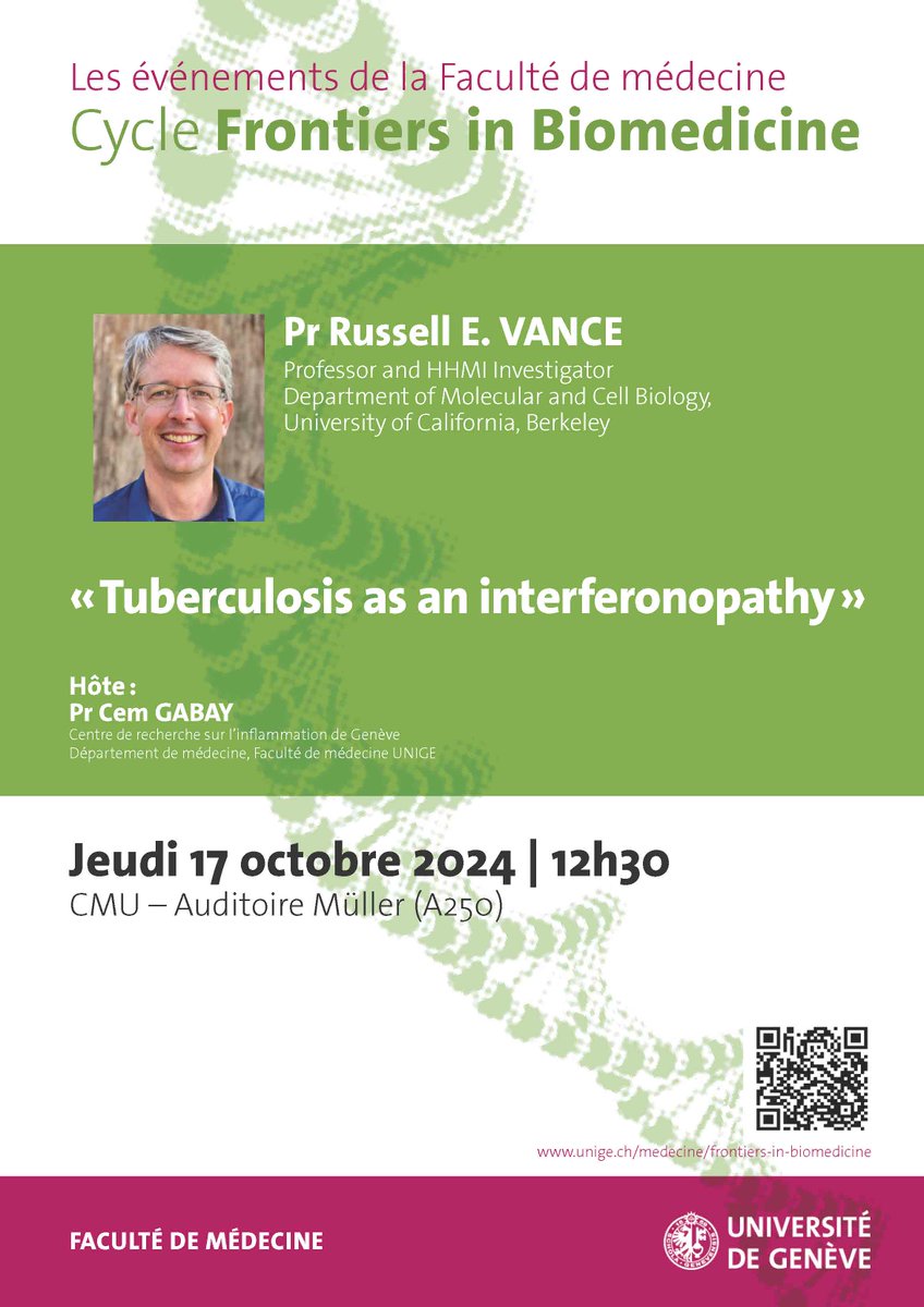 GCIR_Unige's tweet photo. Join us to talk to Pr Russell Vance about #Tuberculosis as an Interferonopathy!

Find out how M tuberculosis exploits type I IFN to suppress the immune system while fueling inflammation. Could this reveal new therapeutic paths?

📆17 Oct
🕧12h30
CMU Muller
https://t.co/S8kkj8OJKc https://t.co/0sJGn1DLTC