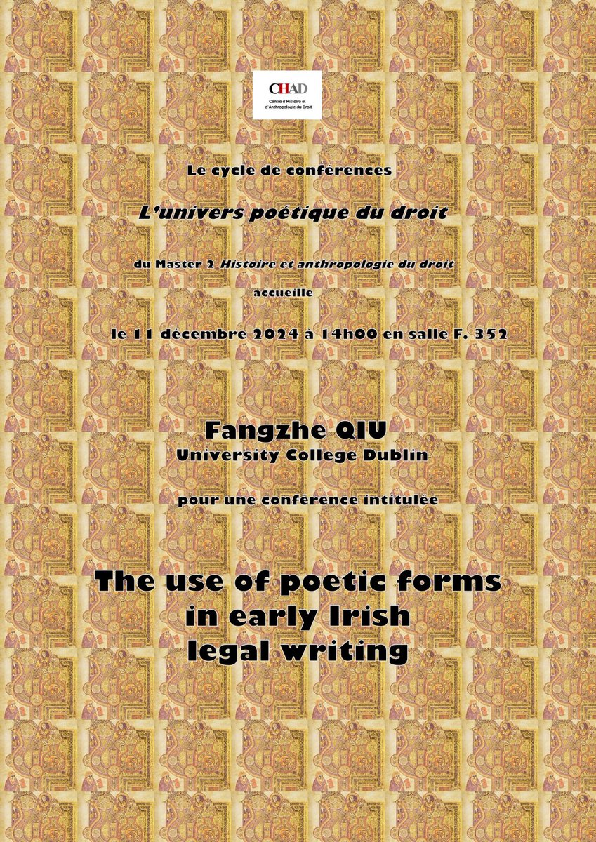 Le 11 décembre à 14h (salle F. 352), le CHAD accueillera Fanghze Qiu <a href="/FangzheQiu/">FangzheQiu</a> , de l'université de Dublin, dans le cadre du cycle de conférence sur l'Univers poétique du Droit.