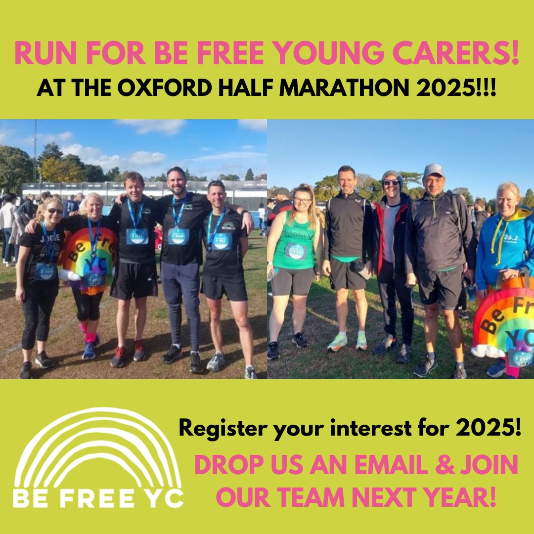 Be Free Young Carers (@befreeyc) on Twitter photo If you are already interested in signing up for the Oxford Half Marathon next year and want to fundraise for Be Free Young Carers, send us a message! 🌈🌟
Alternatively, you can also email Mandy.McCartney@befreeyc.org.uk
2/2
#oxfordhalf #runforcharity #youngcarers #oxfordshire If you are already interested in signing up for the Oxford Half Marathon next year and want to fundraise for Be Free Young Carers, send us a message! 🌈🌟
Alternatively, you can also email Mandy.McCartney@befreeyc.org.uk
2/2
#oxfordhalf #runforcharity #youngcarers #oxfordshire