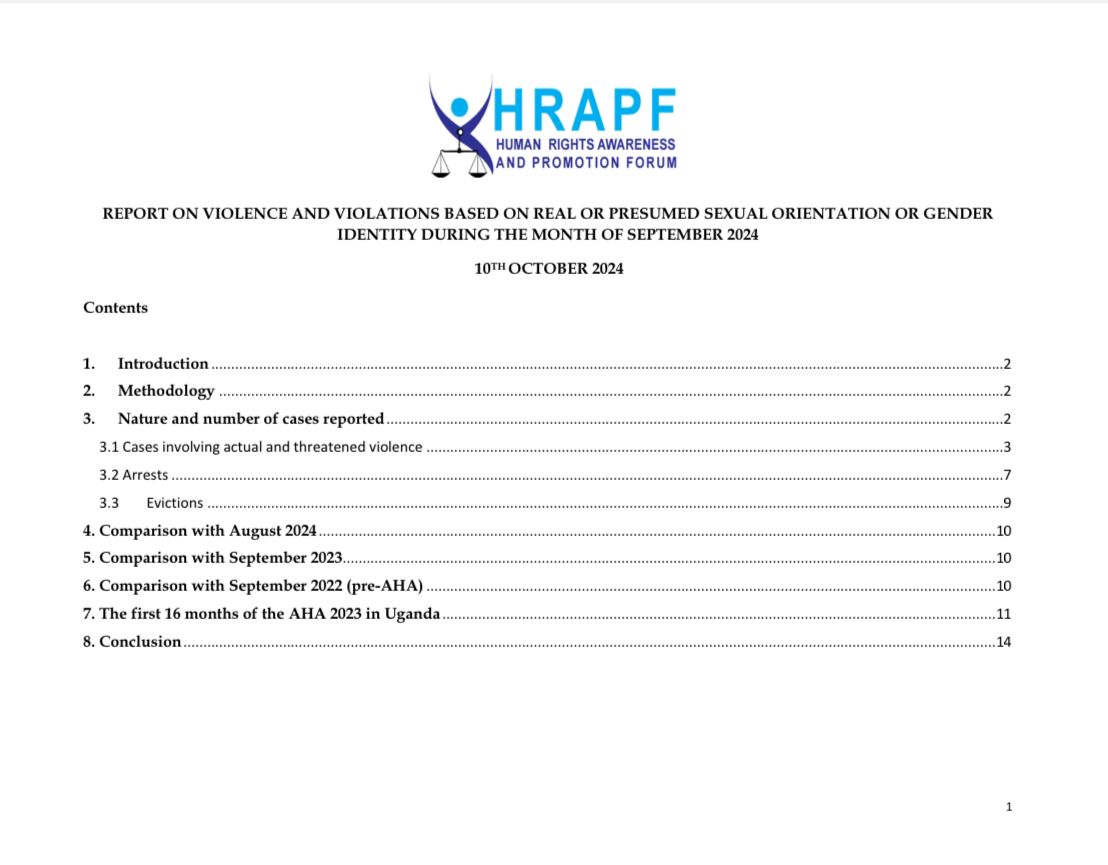 hrapf_uganda's tweet photo. #HRAPFpublication🧵
HRAPF's September 2024 violations report on violence and other human rights violations based on SOGIE since the #AHA23 came into force 

Link to report➡️https://t.co/lIMT3fvvjg https://t.co/NiQCXgQbby