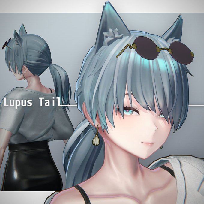 【 新作髪型「ルプステール」発売!】  片目隠れローポニーテール with 狼耳です  対応アバター : マヌカ, しなの, 桔梗, 白猫のライム・フローレン, 森羅, 水瀬, マグノル, ヴェルベイン, 狛乃価格 : ¥1000  booth :  #VRChat #booth_pm 