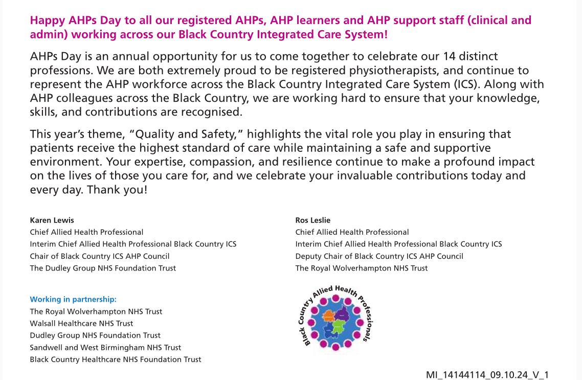 Wishing the AHP workforce in the beautiful Black Country a very happy #AHPsDay2024 🎉🎉
Thank you for the amazing care that you provide to our population 💙🩷