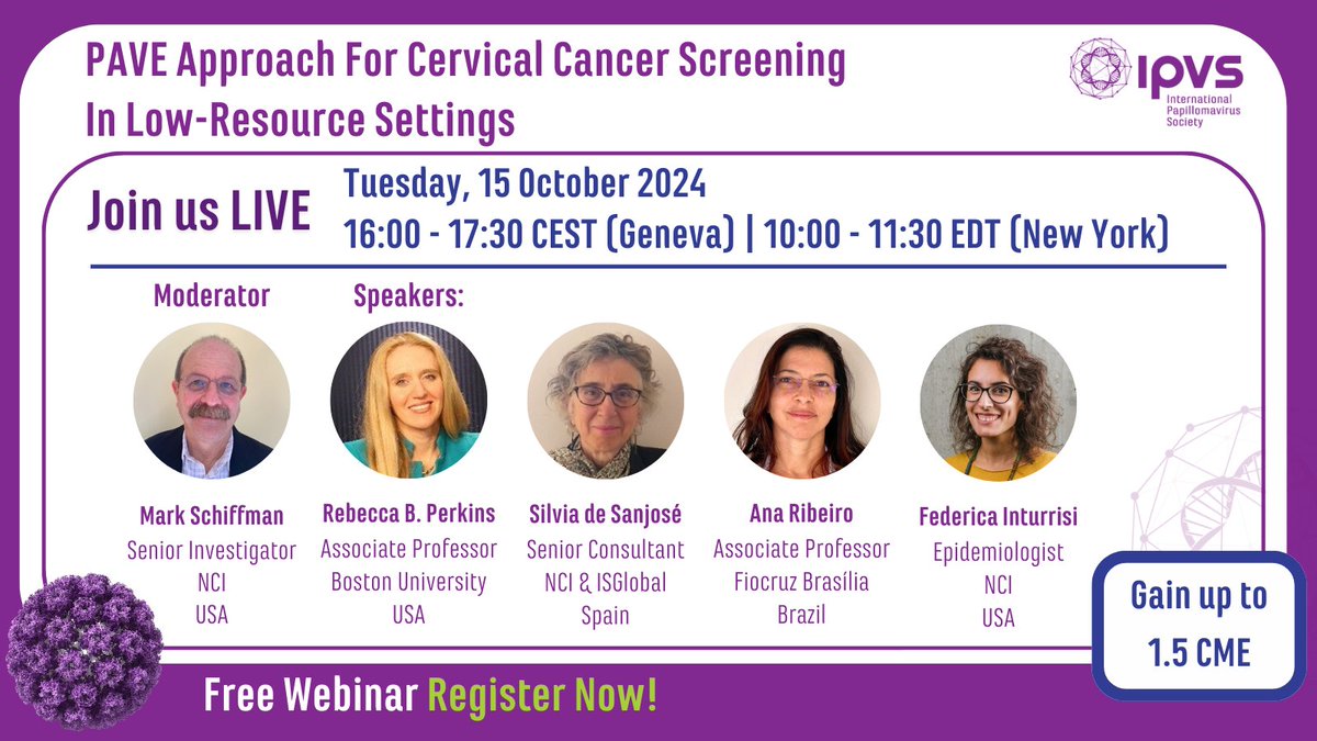 IPVSociety's tweet photo. Last chance to register for IPVS educational webinar tomorrow ! Hear about the PAVE approach for #cervicalcancer screening in low-resource settings. Ask your questions to the panel. 
Sign up now ➡️ https://t.co/4EftiVax4l
#CancerResearch #HPV https://t.co/jUv5qV6z8u