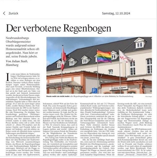 FDGO_Ultras's tweet photo. In Neubrandenburg wurde die 🏳️‍🌈 verboten. Begründung des rechtsextremen Antrags: weitere Straftaten zu verhindern.
Können wir nicht die #afd verbieten um weitere Angriffe auf unsere Demokratie und Pluralität zu verhindern? Ist wahrscheinlich zu früh...
#noafd #Brandenburg https://t.co/1vCuXXjNP1