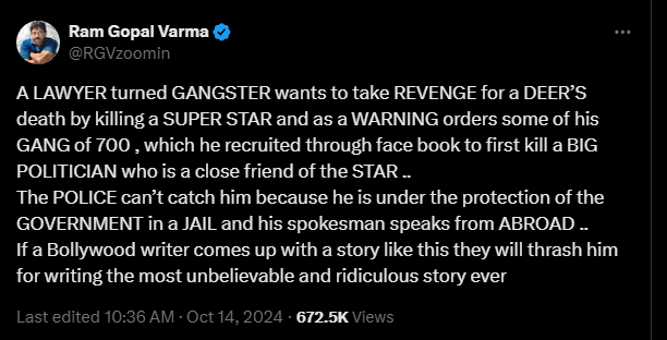 gajendrakalal's tweet photo. फिल्म निर्देशक Ram Gopal Varma ने लॉरेंस बिश्नोई पर चल रही खबर पर तीखी प्रतिक्रिया @x पोस्ट रखी है
"अगर फिल्म में यह स्टोरी लीखी होती तो घटीया स्टोरी करार दिया जाता"
#naach #nishabd #Sarkar3 | बिश्नोई समाज | #LawrenceBishnoi #LawrenceBishnoiGang #Bhaijaan #SalmanKhan #babasiddhique