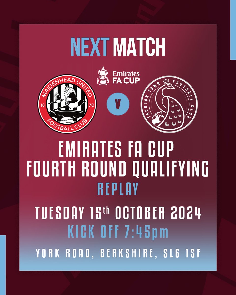 Taunton Town FC (@tauntontownfc) on Twitter photo 🏆 #EmiratesFACup 4RQ Replay
Our re-energised team forced a replay when substitute David Duru slotted home on 74 minutes. It's a trip to York Road in Berkshire to visit the home of <a href="/MUFCYorkRoad/">Maidenhead United</a>
🎟️TICKET INFO: ttfc.uk/maidenhead-tic…
#UpThePeacocks 🦚 🏆 #EmiratesFACup 4RQ Replay
Our re-energised team forced a replay when substitute David Duru slotted home on 74 minutes. It's a trip to York Road in Berkshire to visit the home of <a href="/MUFCYorkRoad/">Maidenhead United</a>
🎟️TICKET INFO: ttfc.uk/maidenhead-tic…
#UpThePeacocks 🦚