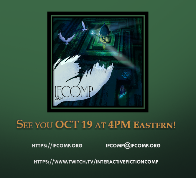 IFComp voting is over! Now it's time for the real fun to begin (and no, we don't mean Halloween)

We'll be revealing the results during an online awards ceremony on October 19th, at 4pm EST. You'll be able to join in the festivities on our Twitch channel: twitch.tv/interactivefic…