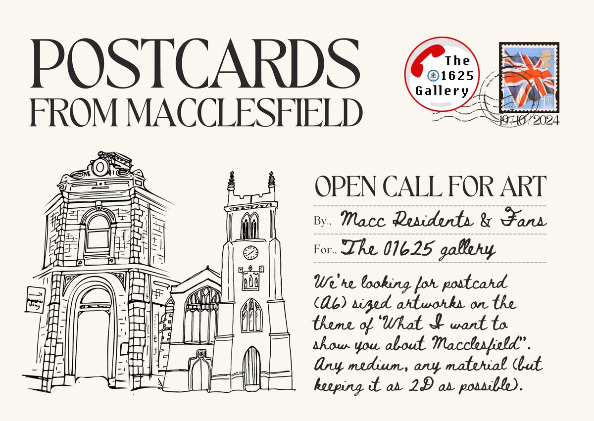We’re looking for postcard (A6) sized artworks for display in The #01625Gallery this winter, on the theme of ‘What I want to show you about #Macclesfield”. 

For more details on the requirements and when it needs to be in please check the Town Council facebook
