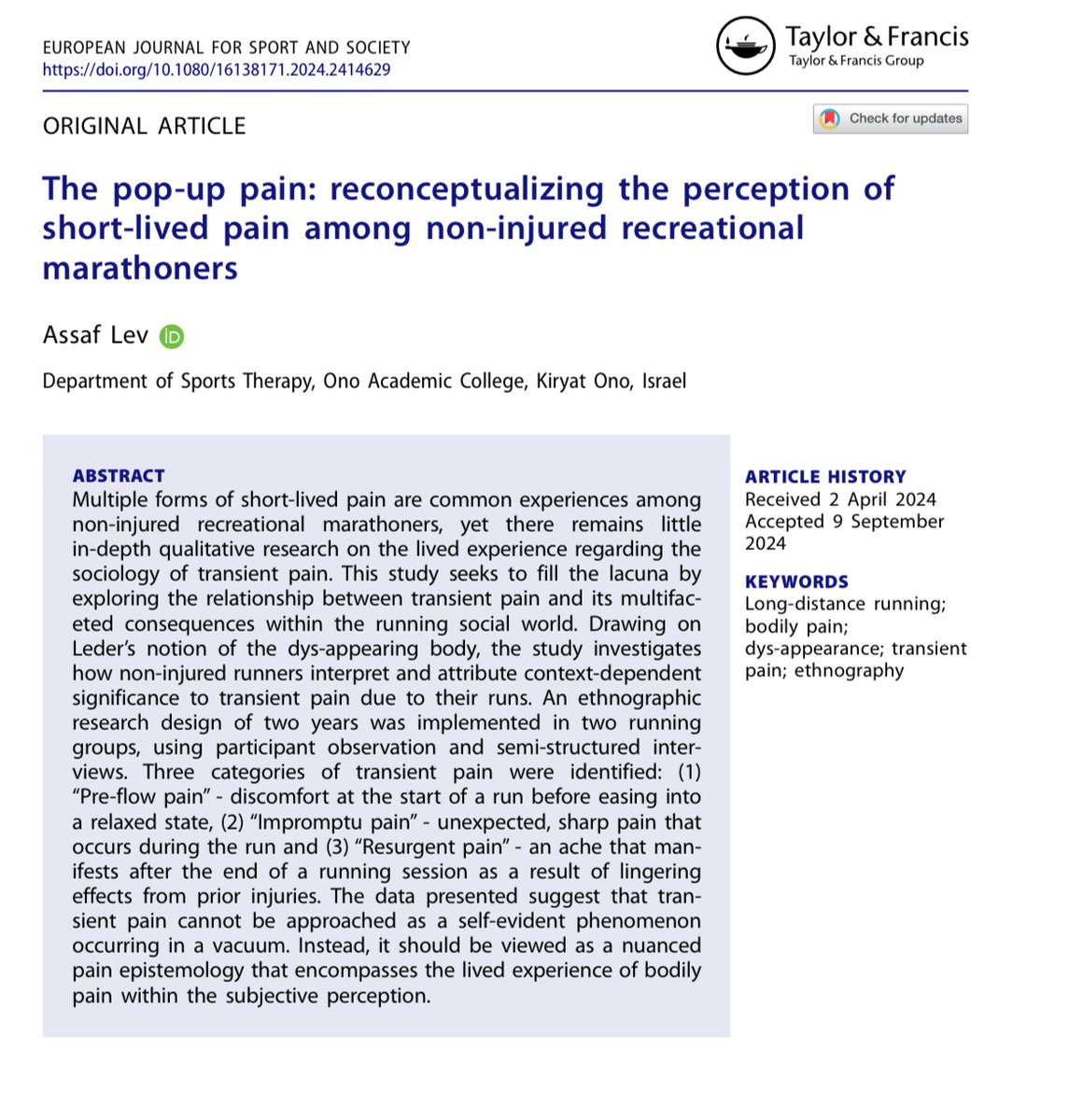 Dr. Assaf Lev (@assaf_lev) on Twitter photo I’m very excited to share my latest paper, "The Pop-Up Pain: Reconceptualizing the Perception of Short-Lived Pain Among Non-Injured Recreational Marathoners," now published in <a href="/EJSS_EASS/">European Journal for Sport and Society</a>. Distance runners, take a look—you might just see yourself reflected in the pages! I’m very excited to share my latest paper, "The Pop-Up Pain: Reconceptualizing the Perception of Short-Lived Pain Among Non-Injured Recreational Marathoners," now published in <a href="/EJSS_EASS/">European Journal for Sport and Society</a>. Distance runners, take a look—you might just see yourself reflected in the pages!