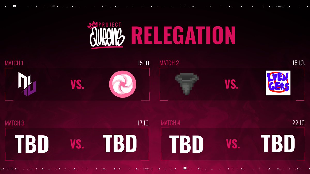 Es gibt halt wirklich keinen besseren Weg in die Woche zu starten, als mit Queens Rele Matchups 🥰

<a href="/neonbladevlr/">NEON BLADE</a> vs. <a href="/sync_valorant/">SYNC</a> 
<a href="/teamhoppersVLR/">teamhoppers</a> vs. #LVengers

Morgen geht's schon los!! 💖