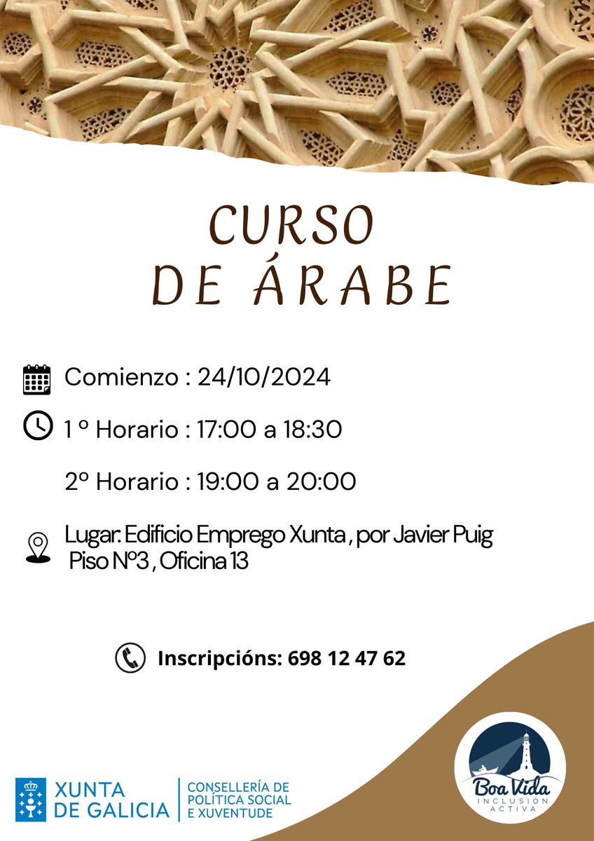 🌟 Aprende árabe connosco! 📷 Queres mergullarte no fascinante mundo da lingua árabe? Apúntate ao noso Curso de Árabe, organizado por Boa Vida.  As prazas son limitadas, así que non quedes sen a túa e comeza esta nova aventura lingüística!