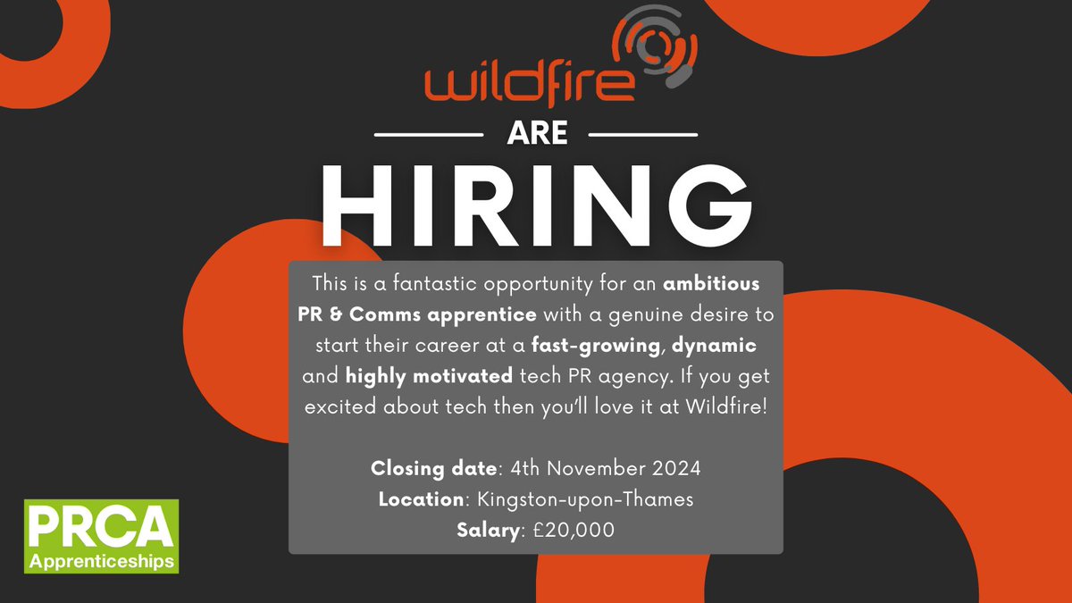 🚨 NEW VACANCY ALERT 🚨

Do you consider yourself an ambitious individual with a passion for tech?

<a href="/WildfirePR/">Wildfire</a> are hiring a #PR &amp; #Communications apprentice!

Click here to apply: shorturl.at/Gu4Kn

#learnandearn #apprenticeships #vacancy #jobs