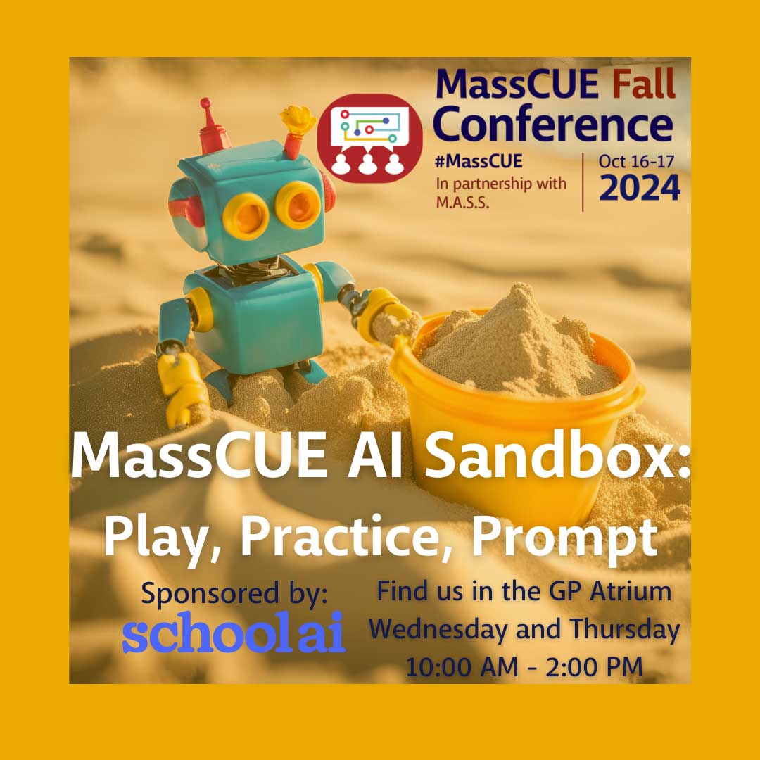 The AI Playground, sponsored by <a href="/GetSchoolAI/">SchoolAI</a> is the newest Interactive Space at the #MassCUE Fall Conference! Check out some of our spotlight sessions and add them to your plans. Not registered yet? It's not too late:  bit.ly/3UEqbh4 <a href="/MrsG_Techie/">Jessica Garbowski</a>