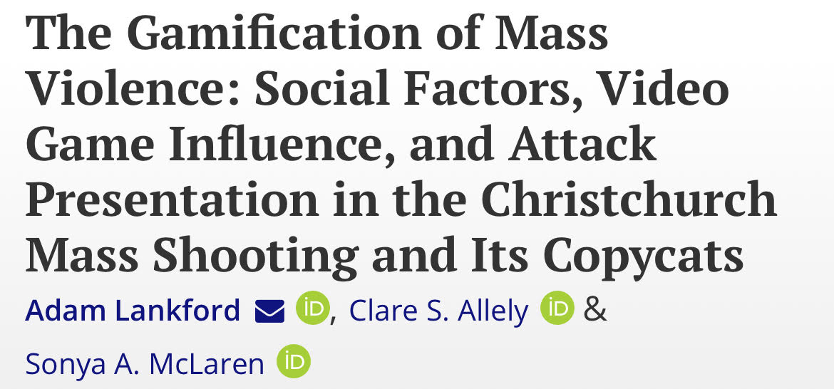 New study! 

We analyze how the Christchurch mass shooter &amp; his copycats differ from non-violent video game players. 

Also, unexpected discovery: these attackers loved video games &amp; online extremism for a while, but ultimately were not satiated--which is why they attacked.