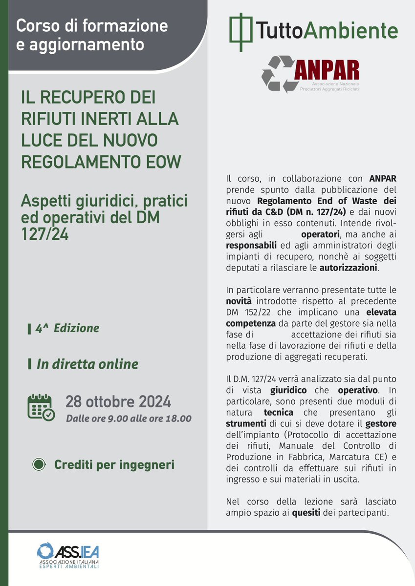 anparorg's tweet photo. #SaveTheDate
IL RECUPERO DEI RIFIUTI INERTI ALLA LUCE DEL NUOVO REGOLAMENTO EOW. 
🗓28 ottobre
⏰9-18
🔴 In diretta streaming
💼 Organizzato da @TuttoAmbiente in collaborazione con #ANPAR 
https://t.co/p3jxtk3KDe

@ASSIEAmb @takethedate https://t.co/x0t52xQvX0