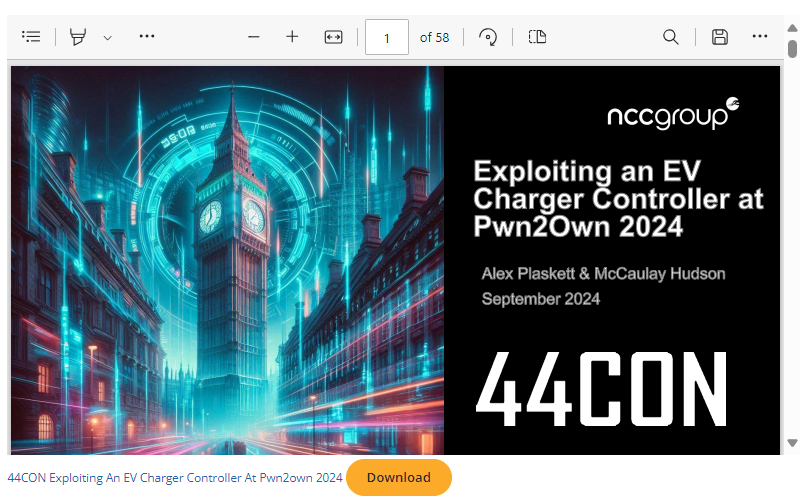 New Blog: 44CON - Charging Ahead: Exploiting an EV Charger Controller at Pwn2Own Automotive 2024
By McCaulay Hudson <a href="/_mccaulay/">McCaulay</a> and Alex Plaskett <a href="/alexjplaskett/">Alex Plaskett</a> presented at <a href="/44CON/">44CON</a> London

nccgroup.com/us/research-bl…