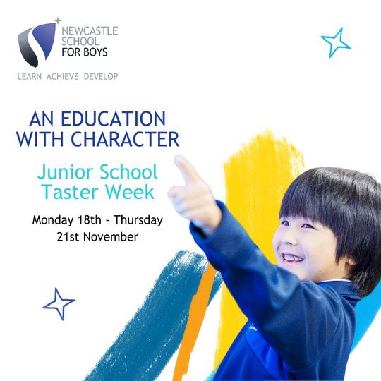 🌟Discover an education with character at Newcastle School for Boys🌟

Let your son experience our Junior School firsthand with no commitment during Taster Week, running from Monday 18th November to Thursday 21st November. 

📅 Reserve your place here newcastleschool.co.uk/admissions/jun…