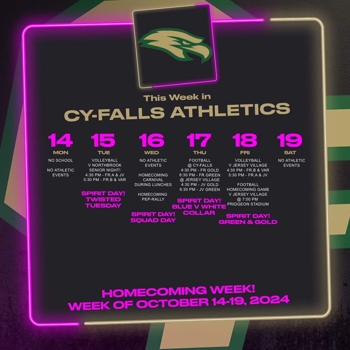 Cy Falls Athletics (@cyfallsath) on Twitter photo THIS WEEK IN EAGLE ATHLETICS...
It's π₯ π HOMECOMING ππ₯
Spirit Day is EVERYDAY. Carnival is Wednesday. We are so excited to celebrate our Eagle Spirit all week and can't wait to see your spirit day attire. LETS GO EAGLES!! THIS WEEK IN EAGLE ATHLETICS...
It's π₯ π HOMECOMING ππ₯
Spirit Day is EVERYDAY. Carnival is Wednesday. We are so excited to celebrate our Eagle Spirit all week and can't wait to see your spirit day attire. LETS GO EAGLES!!