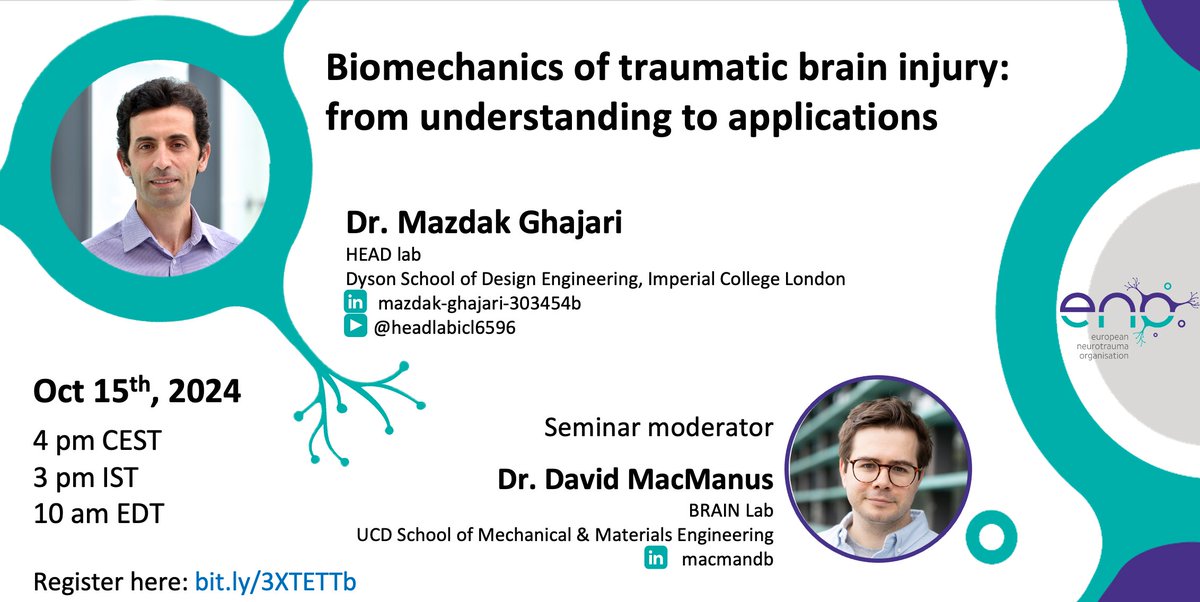 European Neurotrauma Organisation (ENO) (@enoneurotrauma) on Twitter photo 🚨One day to go! 📢
Dr. <a href="/GhajariMazdak/">Mazdak Ghajari</a> will discuss his fascinating research in "Biomechanics of traumatic brain injury: from understanding to applications".
Register here and join us tomorrow!👉 bit.ly/3XTETTb 🚨One day to go! 📢
Dr. <a href="/GhajariMazdak/">Mazdak Ghajari</a> will discuss his fascinating research in "Biomechanics of traumatic brain injury: from understanding to applications".
Register here and join us tomorrow!👉 bit.ly/3XTETTb