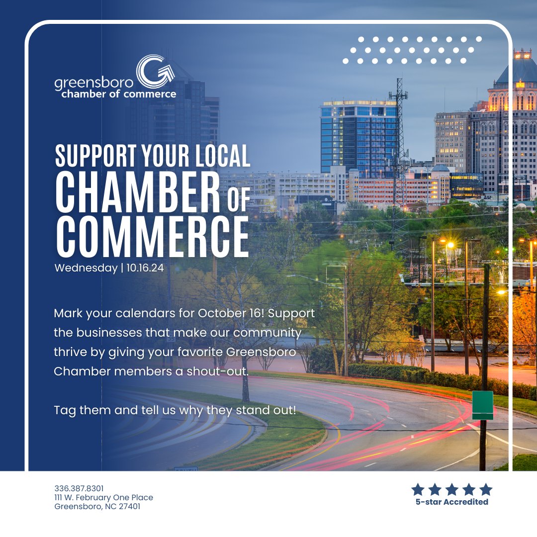 Wednesday, October 16, is support Your Local Chamber of Commerce Day! Share your support for the businesses that make our community thrive by giving your favorite Greensboro Chamber members a shout-out on social media.