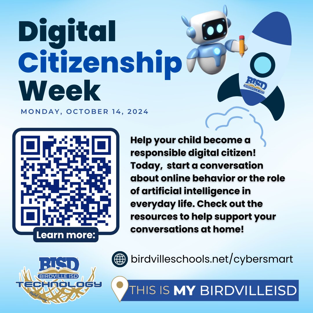 Kick off Digital Citizenship Week! Talk to kids about being kind, safe, and responsible online. Ask teens how AI impacts their digital world.

birdvilleschools.net/cybersmart