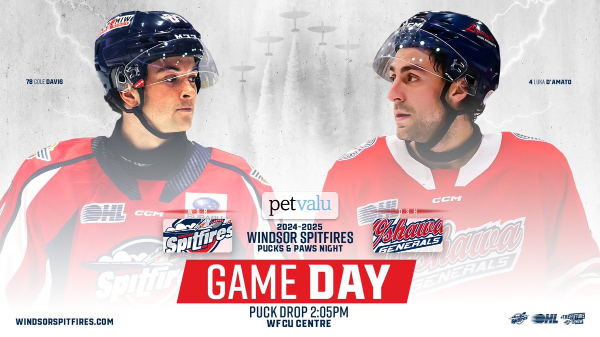 IT’S GAMEDAY! 

The Gennies are in town for Thanksgiving! 🦃

🏒: 2:05pm
📍: WFCU Centre
🆚: Oshawa Generals
📺: YourTV Windsor and CHLTV 
🎙️: AM800
📲: Twitter for live updates 
🎟:  tinyurl.com/OSHvsWSR

#WindsorSpitfires #TheFutureIsNow