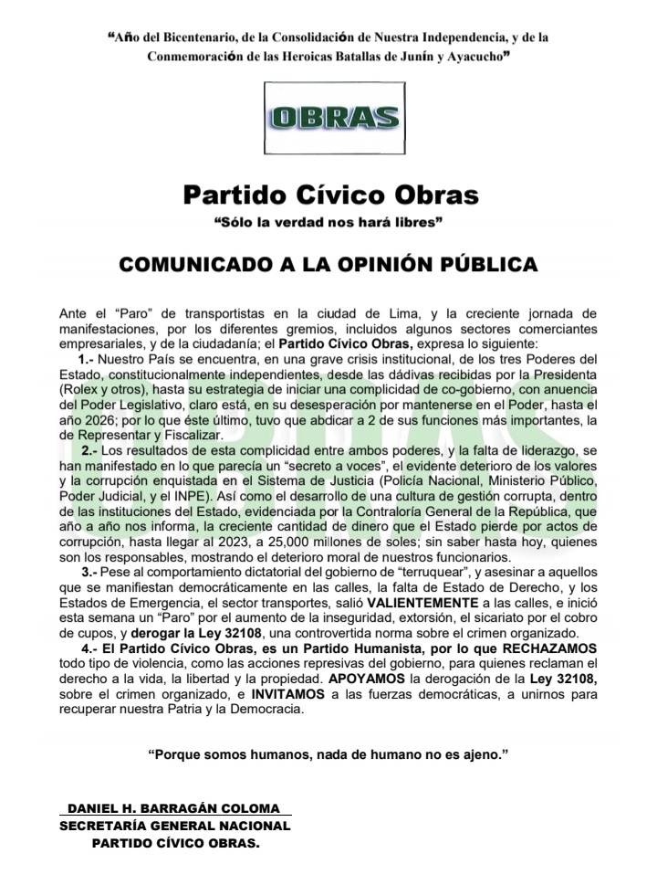 #COMUNICADO | El Partido Cívico Obras se pronuncia frente al "Paro" de transportistas y las manifestaciones de los diferentes gremios. 🇵🇪