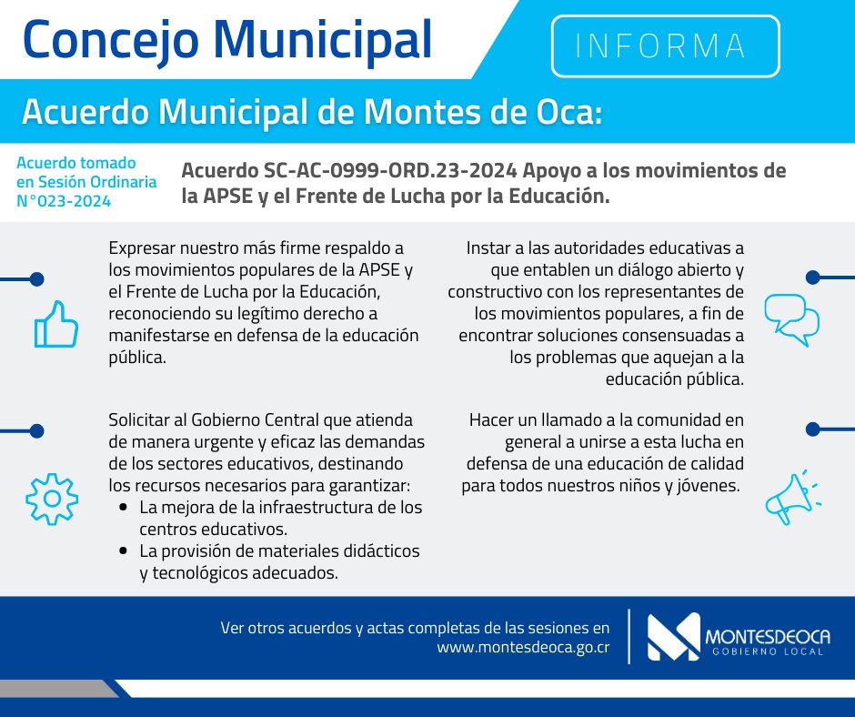 #ConcejoMunicipal acordó brindar respaldo a los movimientos de la APSE y el Frente de Lucha por la Educación.

Más información sobre el Concejo Municipal de Montes de Oca, los acuerdos, actas y comisiones en: montesdeoca.go.cr/.../consejo...…