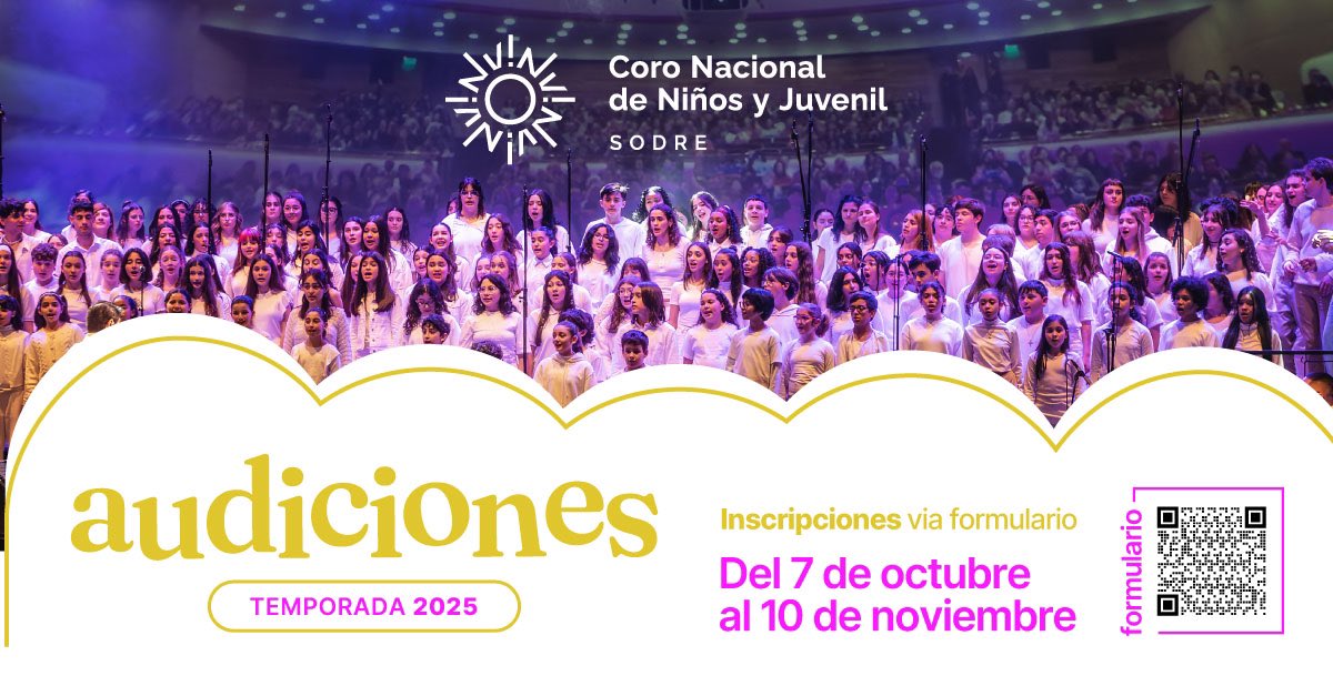 Temporada 2025 
Inscripción Audiciones Coro Nacional de Niños y Coro Nacional Juvenil del SODRE

Formulario:
n9.cl/lelpz