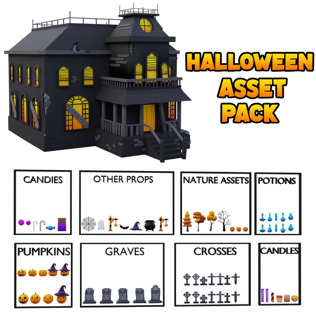 🎃 HALLOWEEN ASSET PACK FOR JUST $9.99! 💸

👾50+ assets including 🏚️haunted house, 🪦 graves, 🎃 pumpkins, 🕯️ candles, and more 👀

DM me or use the Gumroad Link below! ⬇️

#RobloxDev #Blender #3DModeling #Halloween