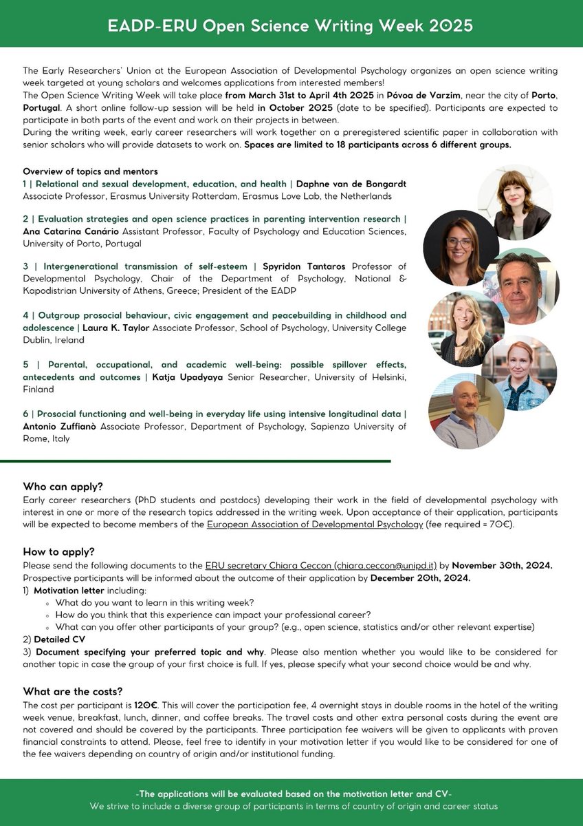 ✨The call for applications for the ERU-EADP Open Science Writing Week 2025 is now open! ✨

📍Where: Póvoa de Varzim, PORTUGAL
🗓️ When: 31/03-04/04/25
💡 What: Early career researchers will work together on a scientific paper with mentors

#writingweek #openscience #ERU #EADP