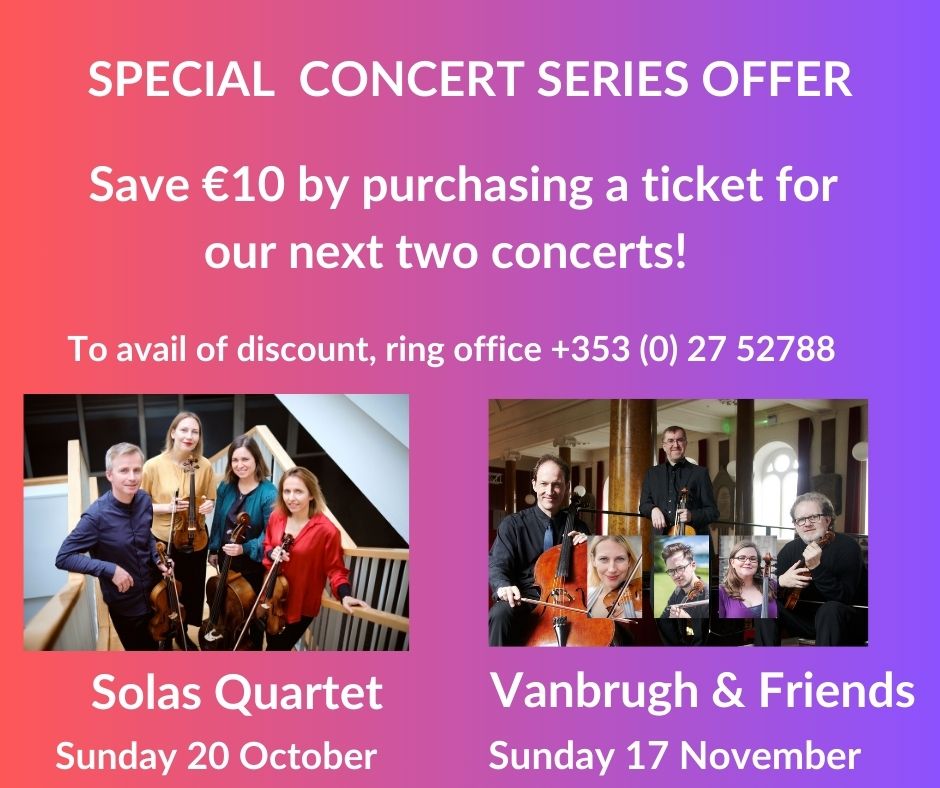 Solas Quartet tour comes to Bantry Sunday 20 October at 3pm. Book a ticket for this concert and Vanbrugh &amp; Friends on 17 November and save €10! To avail of offer, ring WCM 👇 Otherwise book for Sunday at westcorkmusic.ie/events/2025/so…