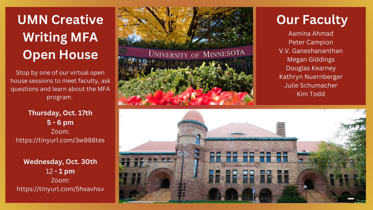 Our first virtual open house is this week! Stop by this Thursday to ask questions and learn about our MFA program in Creative Writing. 

zoom links:  
17th: tinyurl.com/3w998tes
30th: tinyurl.com/5hxavhsv

#graduateschool #Creativewriting