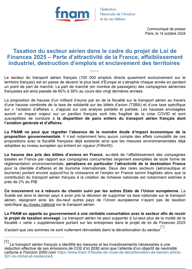 COMMUNIQUÉ DE PRESSE #PLF2025 💶 | 

Taxation du secteur aérien : perte d’attractivité de la France, affaiblissement industriel, destruction d’emplois et enclavement des territoires.

🛫 fnam.fr/taxation-du-se…