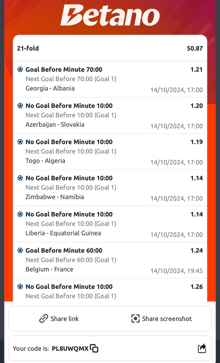 HolaSteve4's tweet photo. #Betano 14th - 15th

RCRJBMGA🫴152 odds
LPHLF6HH 🫴149 odds
🫴63 odds
🫴50 odds

#10mins draw &amp; goals b4 60, 70, 80mins

#NB: Na 2games &amp; 2 Edit ✍️

@Freekelvin0 @MegaGreat2 @_GLOWREE_ @_kennyblaze1391 @LouieDi13 @azthebrand__ @GhanamanTips @NnaGlobal @george__picks @BadmantuZ https://t.co/pURTsf4xNX