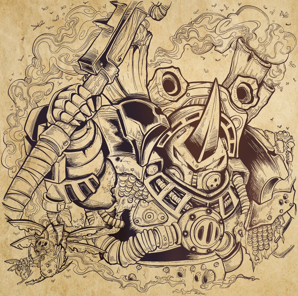 Igniheart's tweet image. Spooktober/Drawtober I didn't forget, I just draw slowly. Heh. What's spooky to me? Creepy alien diseases, plagues/plague doctors, zombie-like figures shambling towards me! So, here's a servant of the Plague god, Nurgle: Typhus of the Death Guard #warhammer #chaosspacemarines