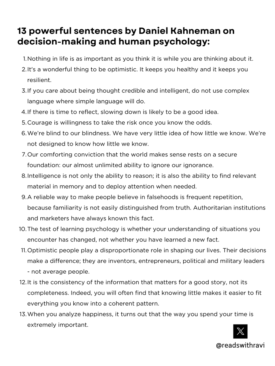 13 powerful sentences by Daniel Kahneman on decision-making and human psychology: