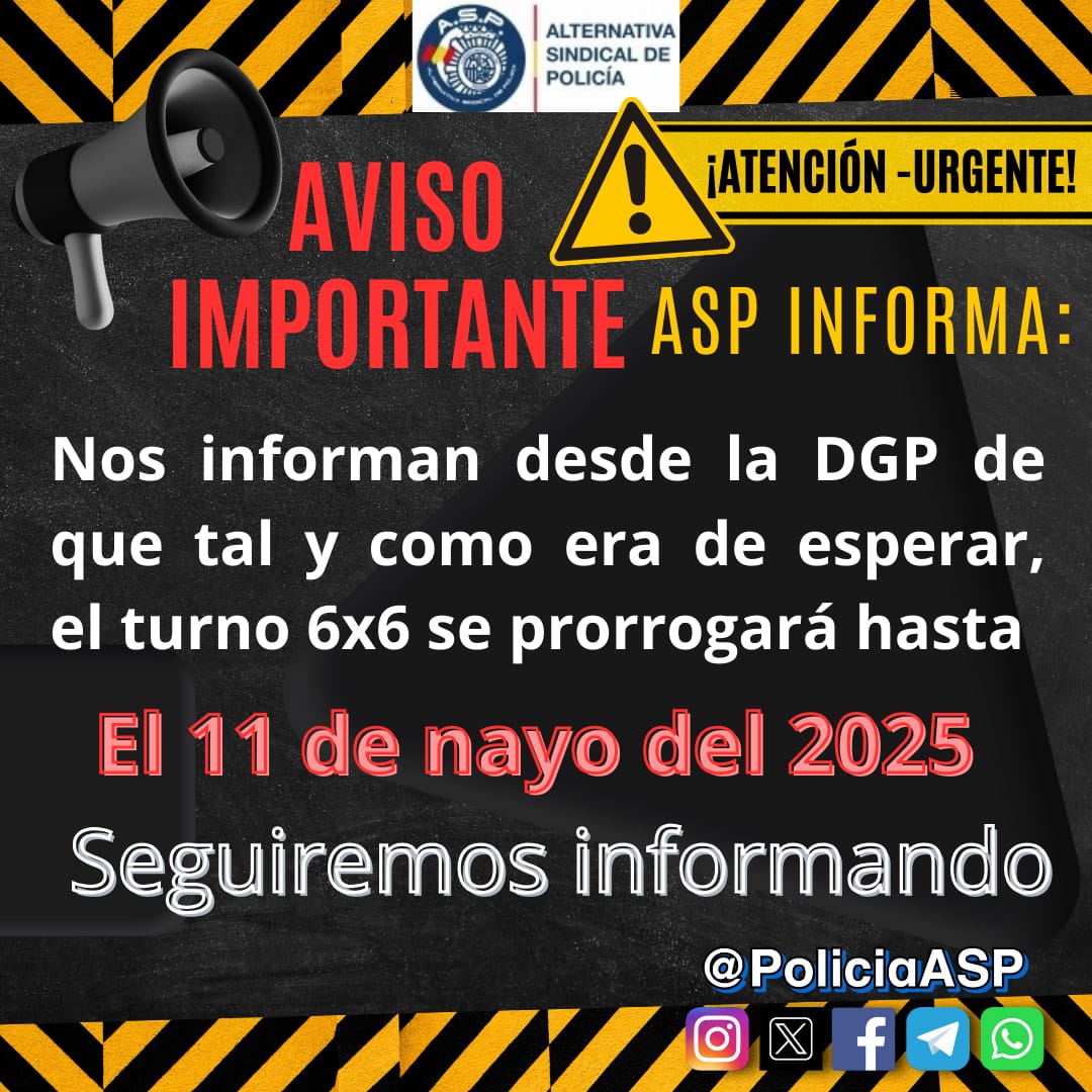 PoliciaASP's tweet photo. 🚨ASP informa🚨

Tal y como cabía de esperar, se prorrogará la cadencia de los turnos rotatorios de 6x6 hasta el próximo 11/05/2025.

🤳Manda un Whatsapp si tienes dudas 601501874, te respondemos en menos de 24h

📝afíliate aquí👇🏻
https://t.co/oqVCRVXjxH https://t.co/otoYCuK3am