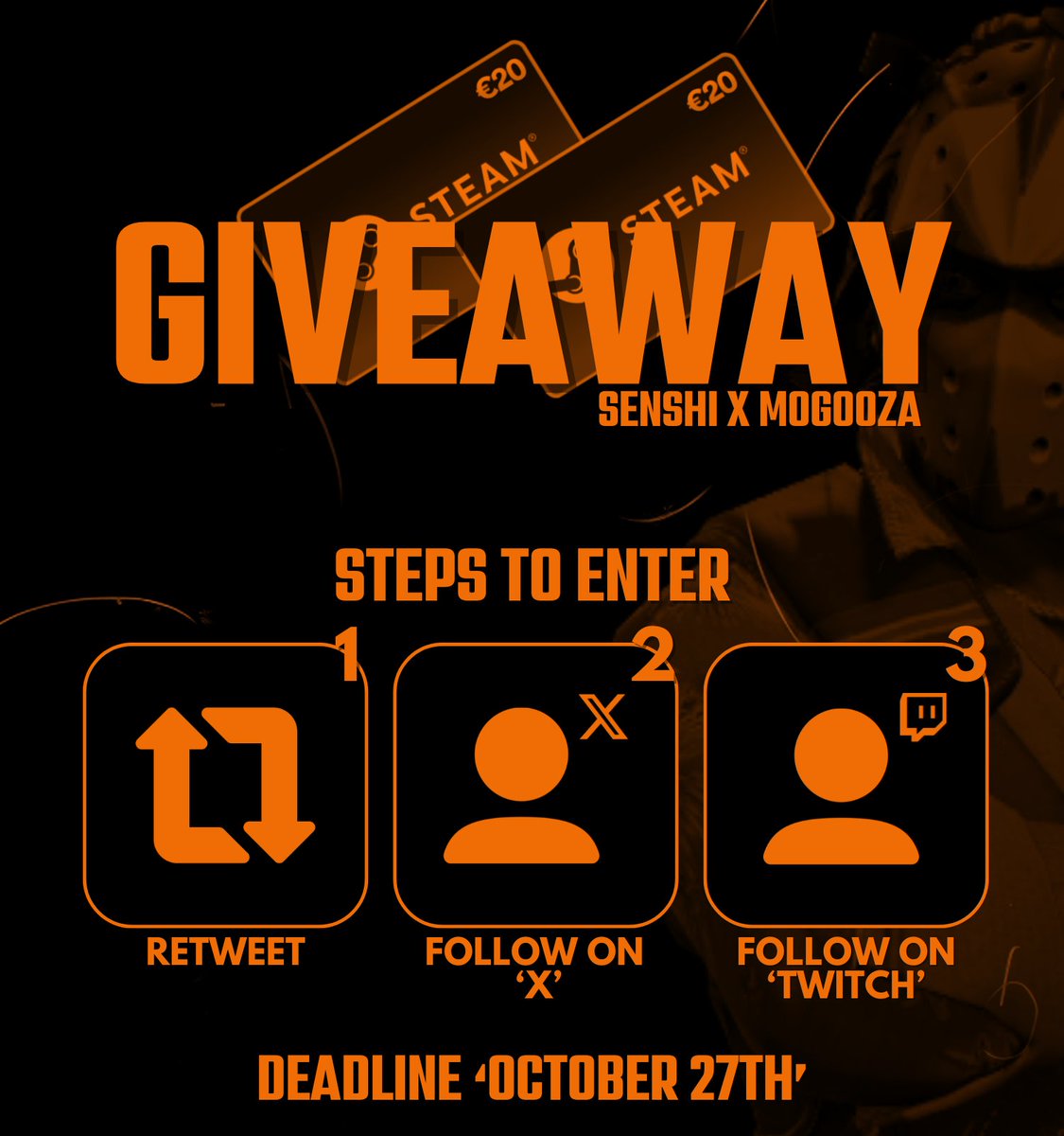 I’ve decided to give 2x €20 Steam Gift Cards away to celebrate my first month as a content creator with <a href="/SENSHIdotGG/">Senshi eSports</a> 

To enter the giveaway:
- Retweet this tweet 
- follow  x.com/mOgOoza 
- follow twitch.tv/mogooza 

Deadline is 27 october 2024!
