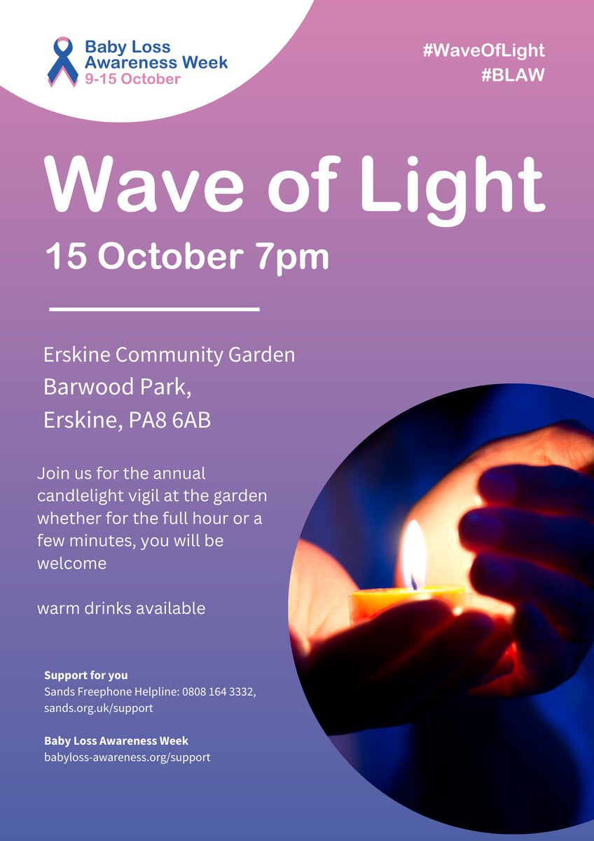 ErskineCGarden (@erskinecgarden) on Twitter photo You’re welcome to join us for the Wave of light candlelight vigil at the garden as part of <a href="/BLA_Campaign/">Baby Loss Awareness Week</a> <a href="/SandsUK/">Sands - baby loss charity 💜🧡</a> @Simba_team <a href="/NatalieDon_/">Natalie Don-Innes MSP</a> <a href="/Alison_S_Taylor/">Alison S Taylor, MP - Paisley Renfrewshire North</a> <a href="/RenCouncil/">RenCouncil</a> <a href="/TCVScotland/">TCV Scotland</a> <a href="/KSBScotland/">Keep Scotland Beautiful</a> @ProvostCameron <a href="/ErskineYcouncil/">ErskineYouthCouncil</a> <a href="/ErskineRotary/">Erskine and District Rotary</a> #babylossawarenessweek #waveoflight You’re welcome to join us for the Wave of light candlelight vigil at the garden as part of <a href="/BLA_Campaign/">Baby Loss Awareness Week</a> <a href="/SandsUK/">Sands - baby loss charity 💜🧡</a> @Simba_team <a href="/NatalieDon_/">Natalie Don-Innes MSP</a> <a href="/Alison_S_Taylor/">Alison S Taylor, MP - Paisley Renfrewshire North</a> <a href="/RenCouncil/">RenCouncil</a> <a href="/TCVScotland/">TCV Scotland</a> <a href="/KSBScotland/">Keep Scotland Beautiful</a> @ProvostCameron <a href="/ErskineYcouncil/">ErskineYouthCouncil</a> <a href="/ErskineRotary/">Erskine and District Rotary</a> #babylossawarenessweek #waveoflight