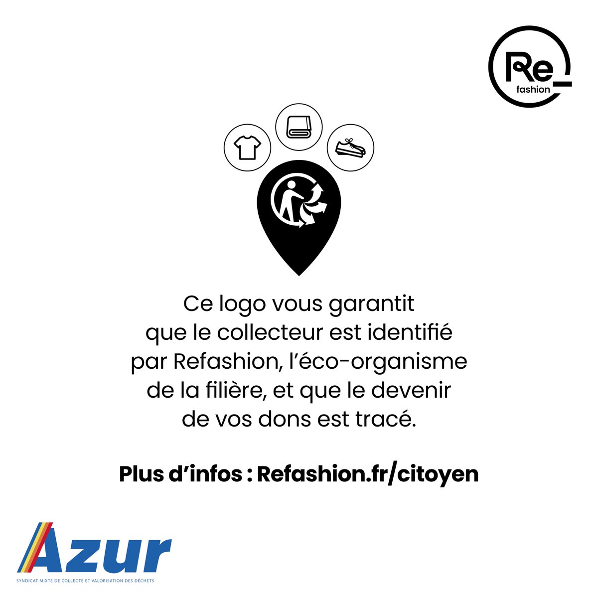 SyndicatAzur's tweet image. Vos vêtements ont de l'avenir !
👉 Tous les Textiles peuvent être rapportés, quel que soit leur état, même abîmés.
👉 Pensez également à la réparation. .
💡 Retrouvez les colonnes proches de chez vous ici : refashion.fr/citoyen/fr/poi…

#textile #recyclagetextile #gestedetri