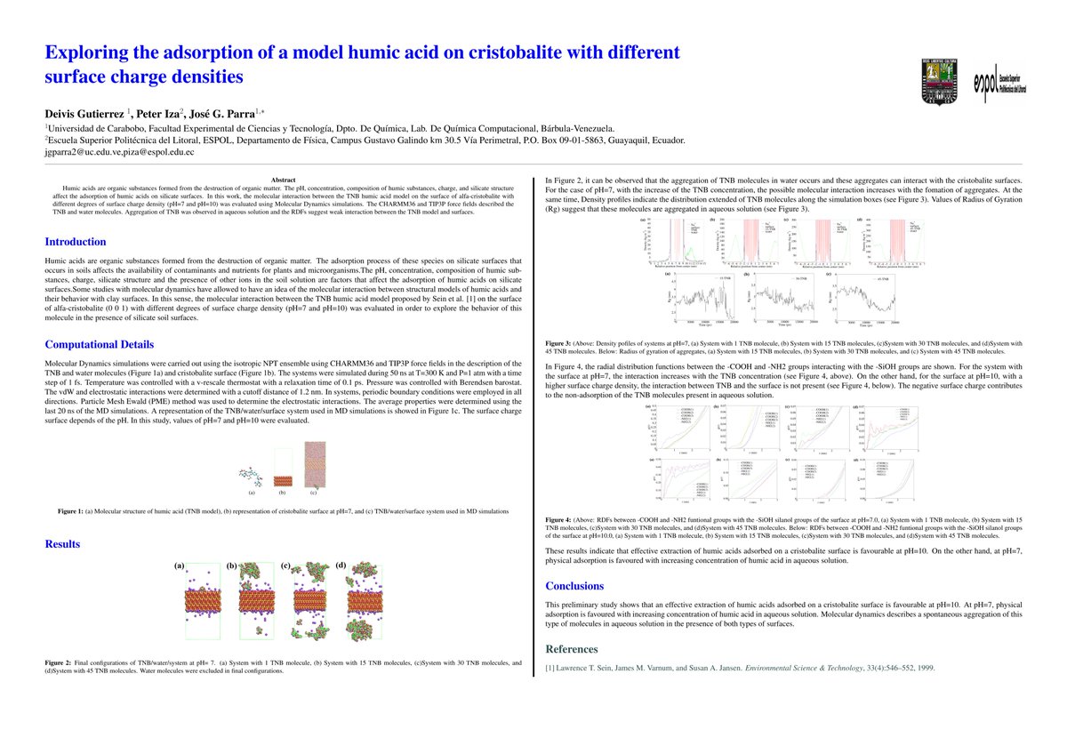 JosGParra1's tweet photo. Hi @LatinXChem, this is my work titled "Exploring the adsorption of a model humic acid on cristobalite with different surface charge densities" presented in the category @LatinXChemComp Poster ID #Comp054. Collaboration https://t.co/D5nYO1tN2u
