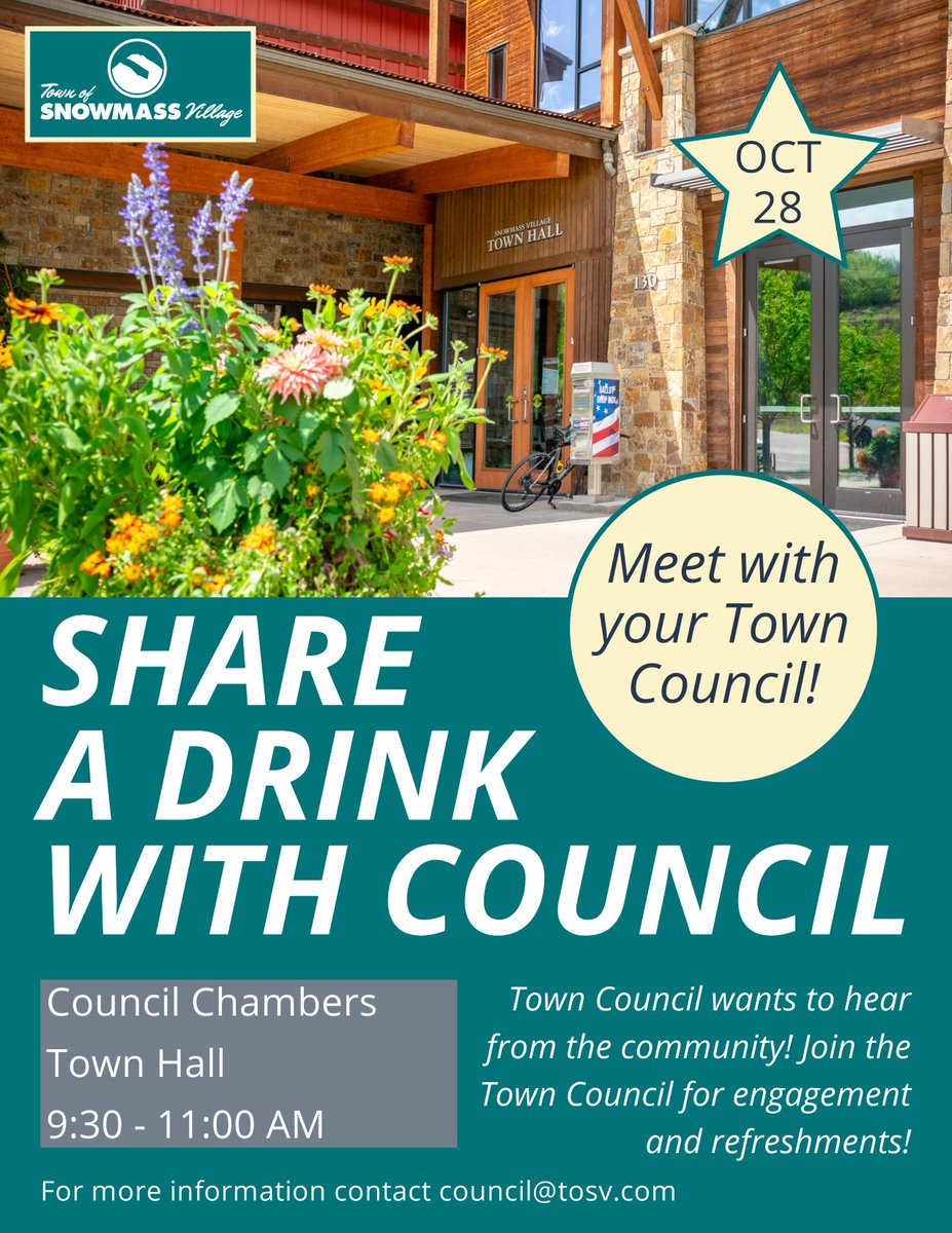 Town Council invites all residents to join them for Share a Drink with Council at Town Hall on October 28 from 9:30 – 11:00 A.M.

More information online at tosv.com/533/Public-Eng….