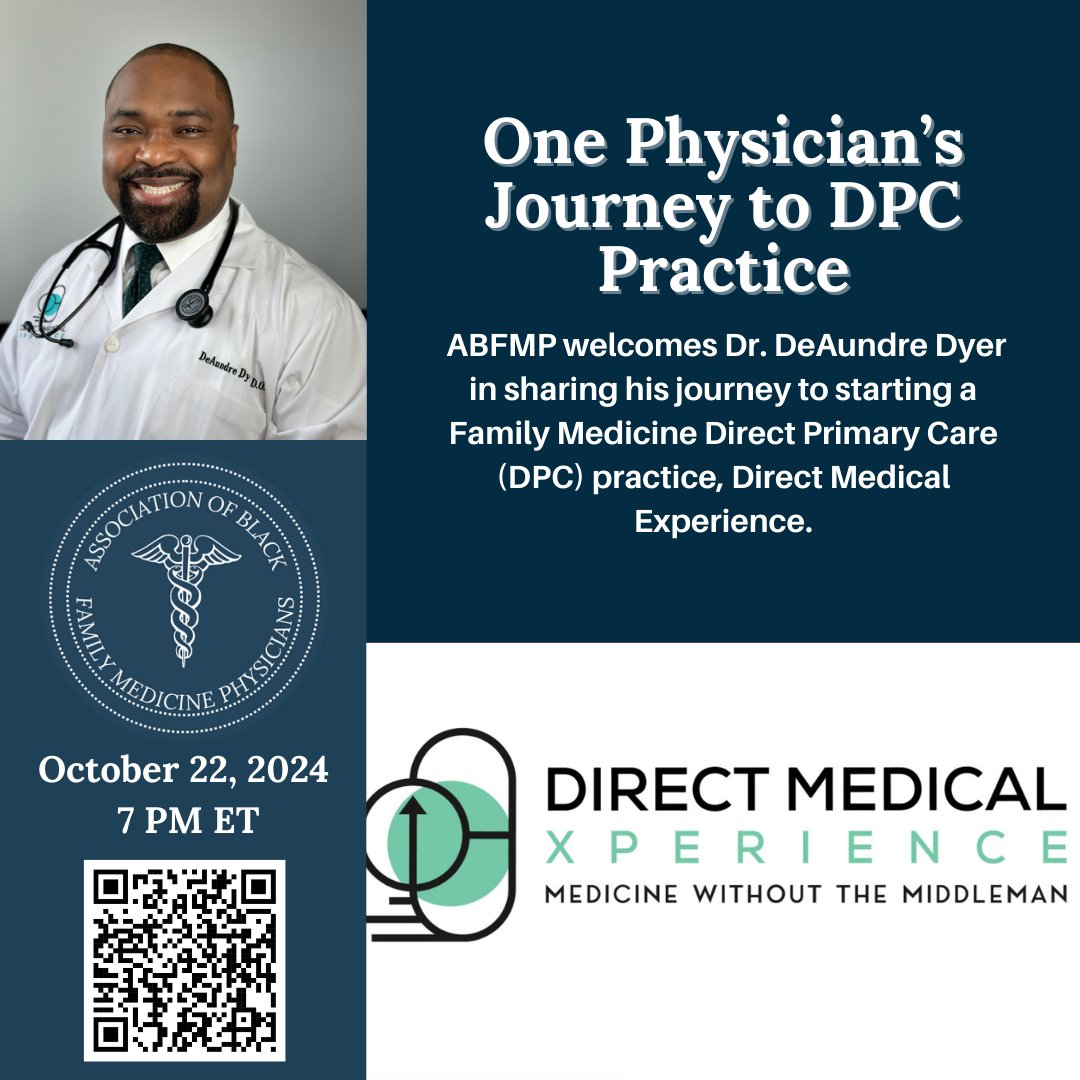Join us TODAY Tuesday, October 22nd at 7PM ET to learn about Dr. Dyer's journey in starting his Direct Primary Care practice.  Add to your calendar: evt.to/eggguddew                #SupportBlackFMDocs #FMRevolution #FamilyMedicine #MedTwitter