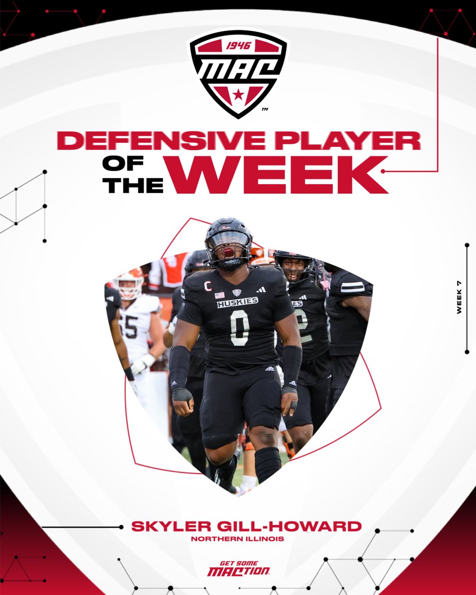 MACtion (@macsports) on Twitter photo 🏈 Defensive Player of the Week 🏈
<a href="/SkylerHoward0/">Skyler Gill-Howard</a> led another stellar defensive performance for the NIU Huskies versus Bowling Green with two quarterback sacks and three tackles for loss in a 17-7 Huskie win. Gill-Howard totaled six tackles (five solo).
<a href="/NIU_Football/">NIU Football</a> | #MACtion 🏈 Defensive Player of the Week 🏈
<a href="/SkylerHoward0/">Skyler Gill-Howard</a> led another stellar defensive performance for the NIU Huskies versus Bowling Green with two quarterback sacks and three tackles for loss in a 17-7 Huskie win. Gill-Howard totaled six tackles (five solo).
<a href="/NIU_Football/">NIU Football</a> | #MACtion