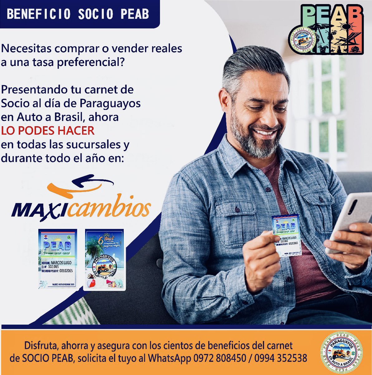Ahora, presentando tu carnet de Socio de Paraguayos en Auto a Brasil, tenes cambio preferencial para compra/venta de reales en todas las sucursales de <a href="/maxicambios/">Maxicambios</a>

Solicita tu carnet de Socio PEAB al WhatsApp 0972808450, ahorra con los cientos de beneficios en Paraguay y Brasil.